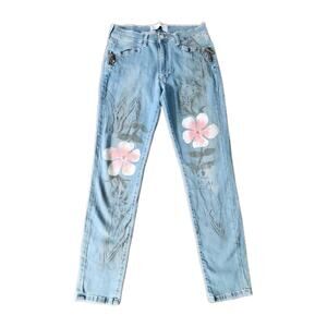 Morgana Y2K Floral Painted Mid Rise Slim Denim Pants Size 33/42 29 " Waist Euro